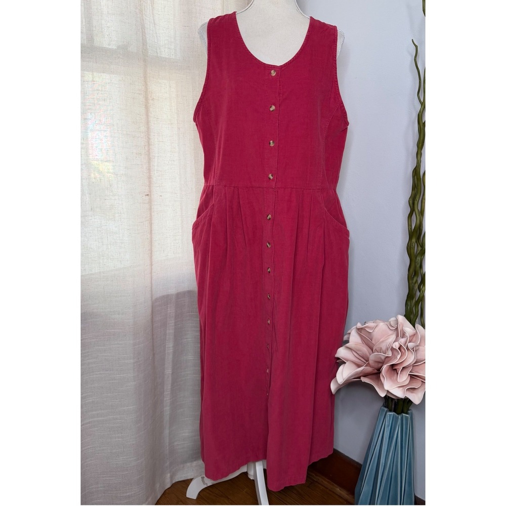 Vintage Eddie Bauer Corduroy Jumper Dress Button Front Pockets Red Womens Medium